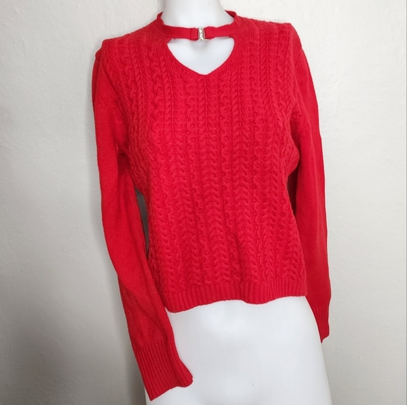 Cristina Mazzonett Italian Red Wool Sweater Size 12 Vintage Keyhole Neckline - Picture 1 of 10